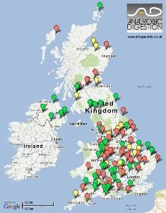 Map showing AD plants in operation in March 2013. Food waste or 'community' plants are marked in red, while farm fed plants are marked green and industrial plants are shown in yellow.